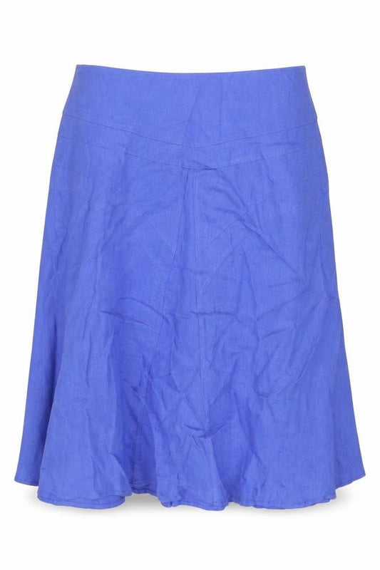 Front view of Chesca women’s blue linen flare skirt, size UK 14, zip