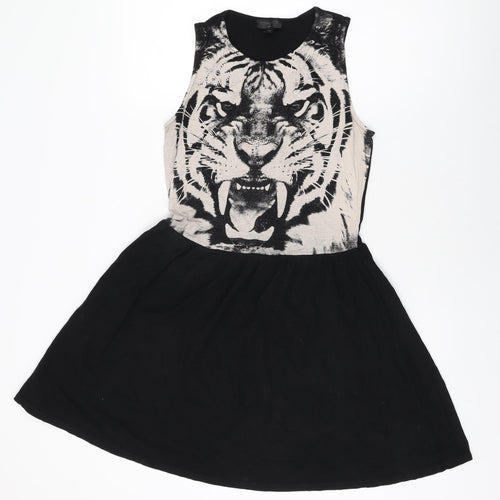 Topshop Womens Black Animal Print Cotton Skater Dress Size 10 Round Neck Pullover
