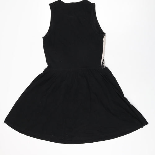 Topshop Womens Black Animal Print Cotton Skater Dress Size 10 Round Neck Pullover