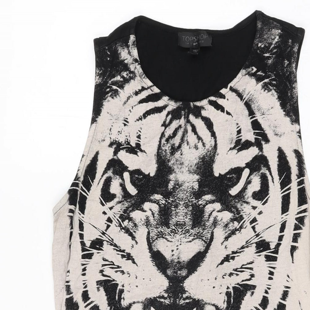 Topshop Womens Black Animal Print Cotton Skater Dress Size 10 Round Neck Pullover
