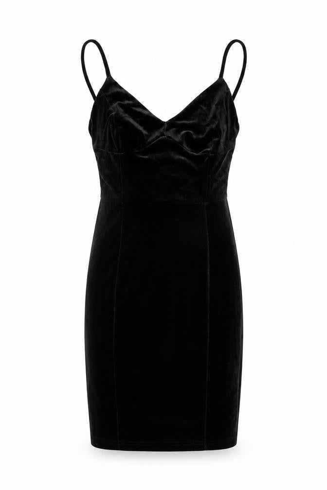 Front view of H&M women’s black cotton bodycon, size S, v-neck pullover
