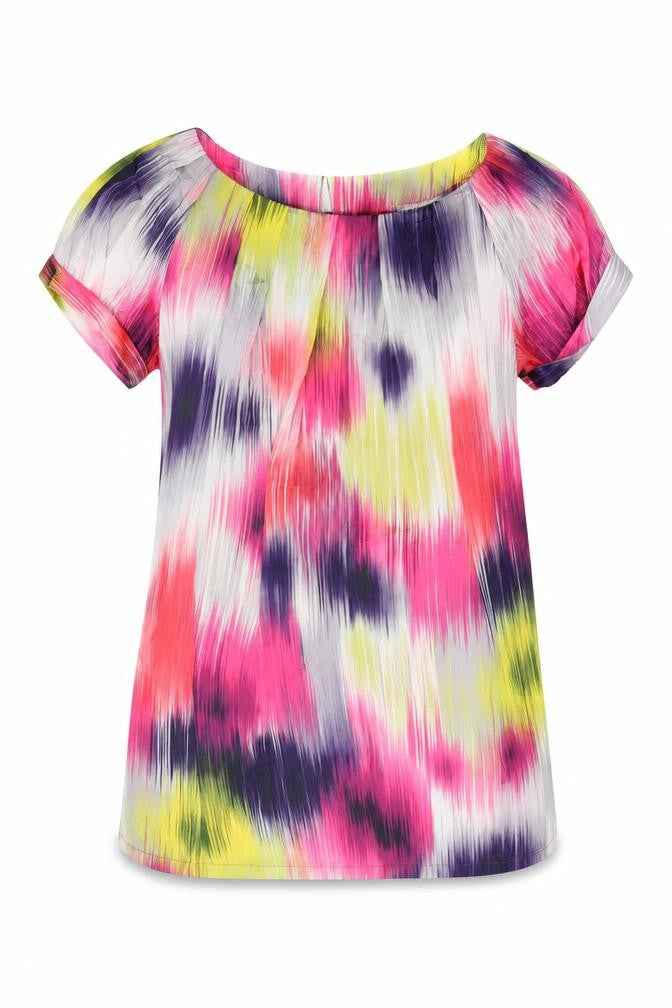 Front view of Dorothy Perkins women’s multicoloured geometric polyester basic t-shirt, size UK 14, round neck