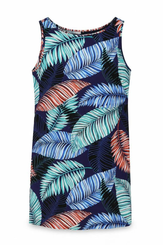 Front view of M&Co women’s blue geometric polyester shift, size UK 14, round neck pullover