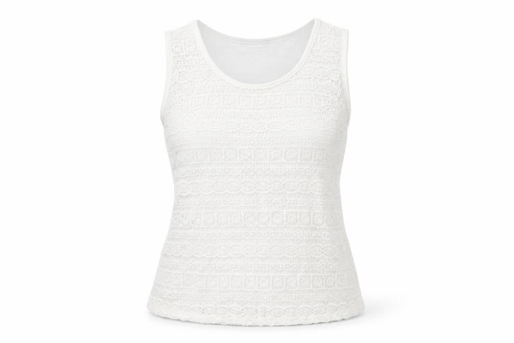 Front view of Avenue women’s white geometric viscose basic t-shirt, size UK 18, round neck