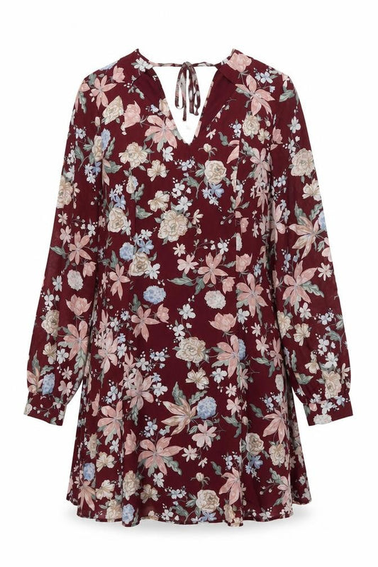 Front view of H&M women’s red floral polyester shift, size UK 16, v-neck zip