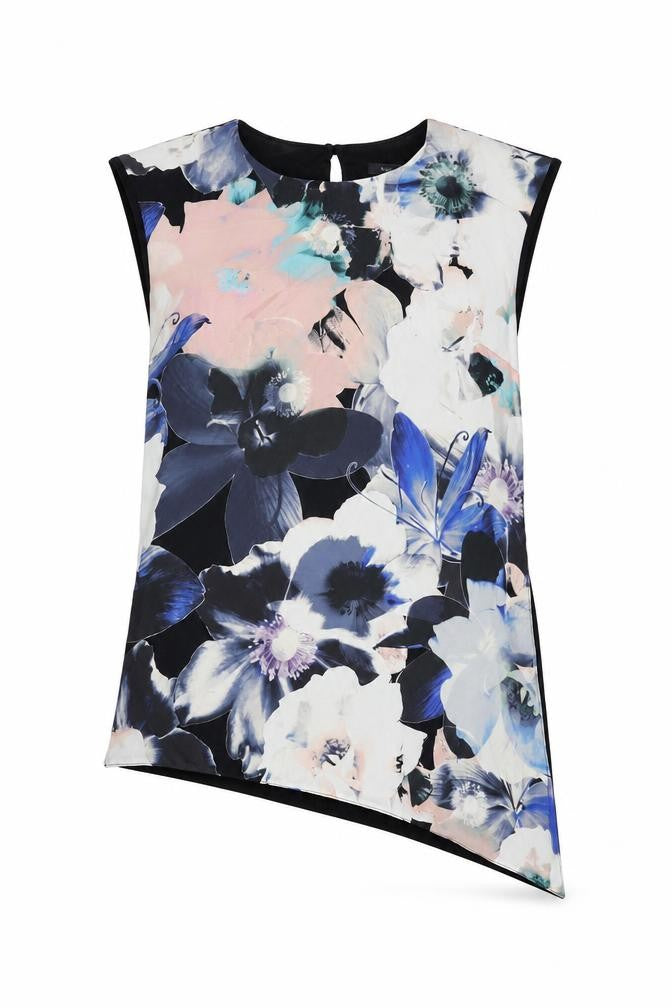 M&Co Womens Black Floral Polyester Basic Blouse Size 10 Round Neck