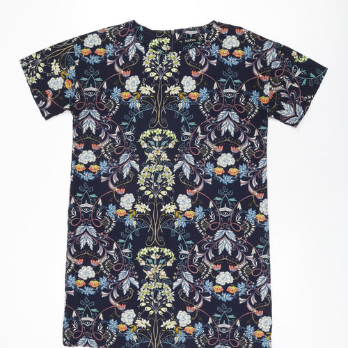 Boohoo Womens Blue Floral Polyester Shift Size 8 Round Neck Zip