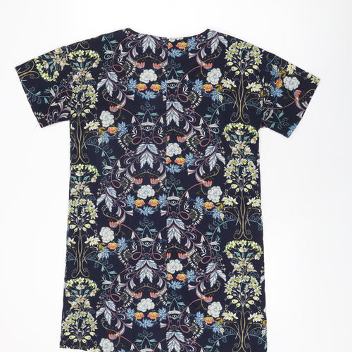 Boohoo Womens Blue Floral Polyester Shift Size 8 Round Neck Zip