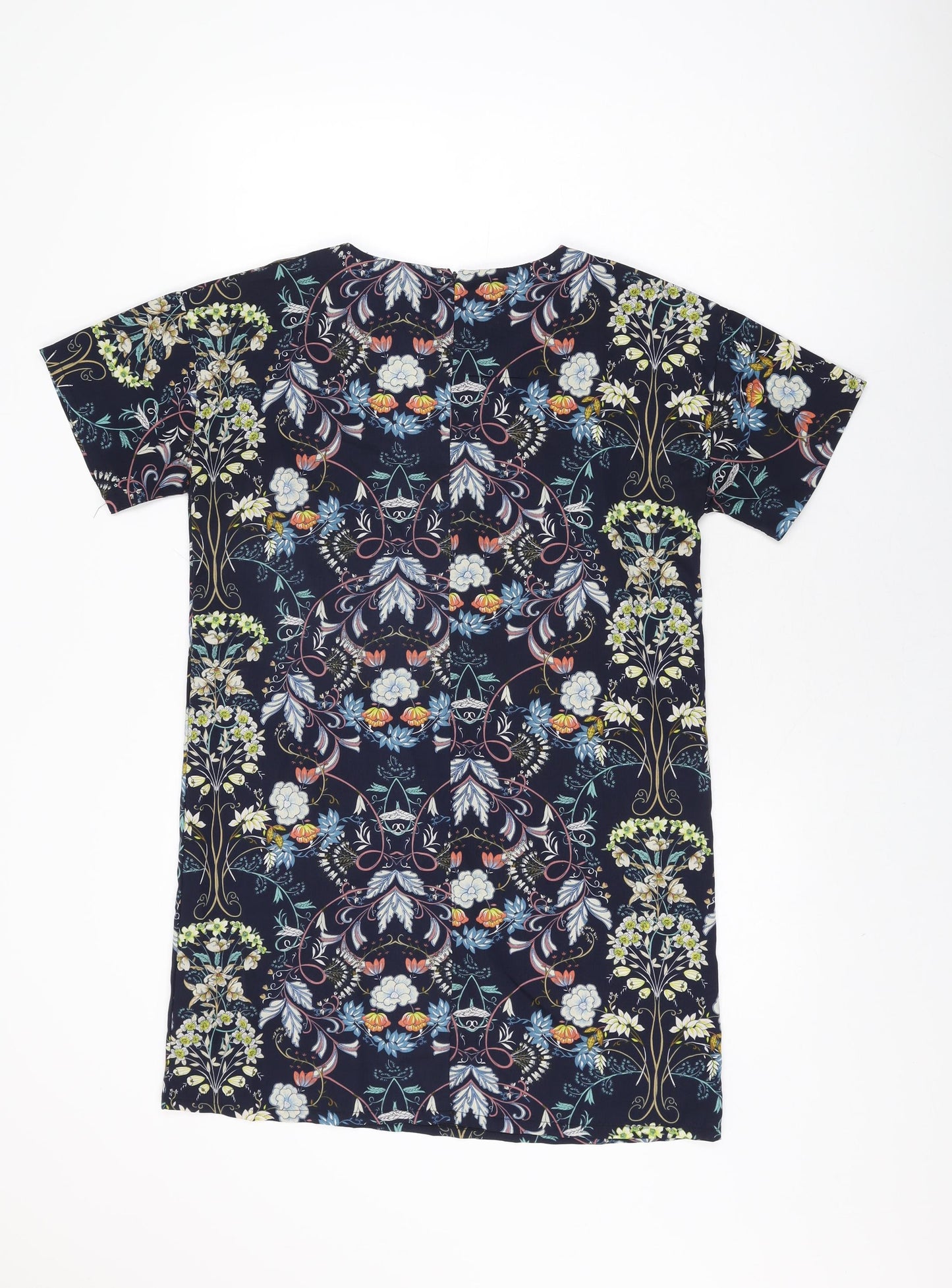 Boohoo Womens Blue Floral Polyester Shift Size 8 Round Neck Zip