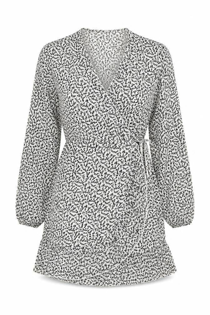 Front view of JDY women’s white floral polyester wrap dress, size UK 6, v-neck pullover