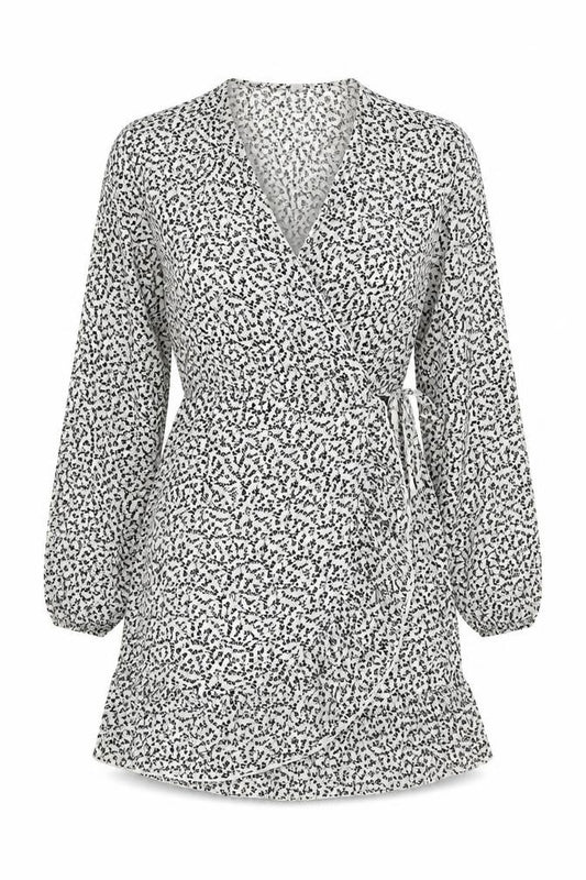 Front view of JDY women’s white floral polyester wrap dress, size UK 6, v-neck pullover