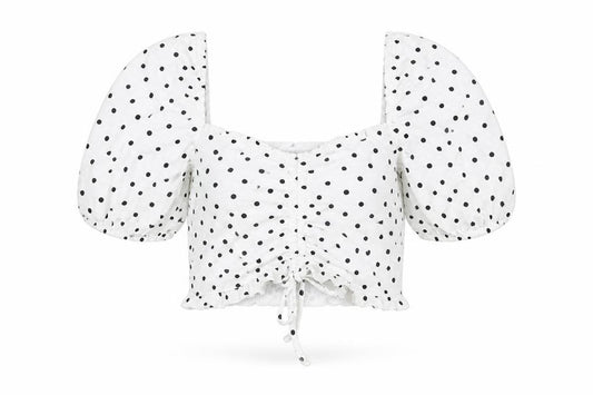 Front view of ASOS women’s white polka dot polyester cropped t-shirt, size UK 8, square neck