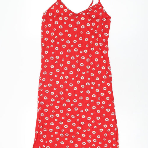 PRETTYLITTLETHING Womens Red Floral Viscose Bodycon Size 6 V-Neck Pullover