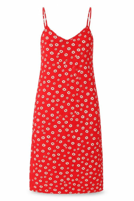 Front view of PRETTYLITTLETHING women’s red floral viscose bodycon, size UK 6, v-neck pullover