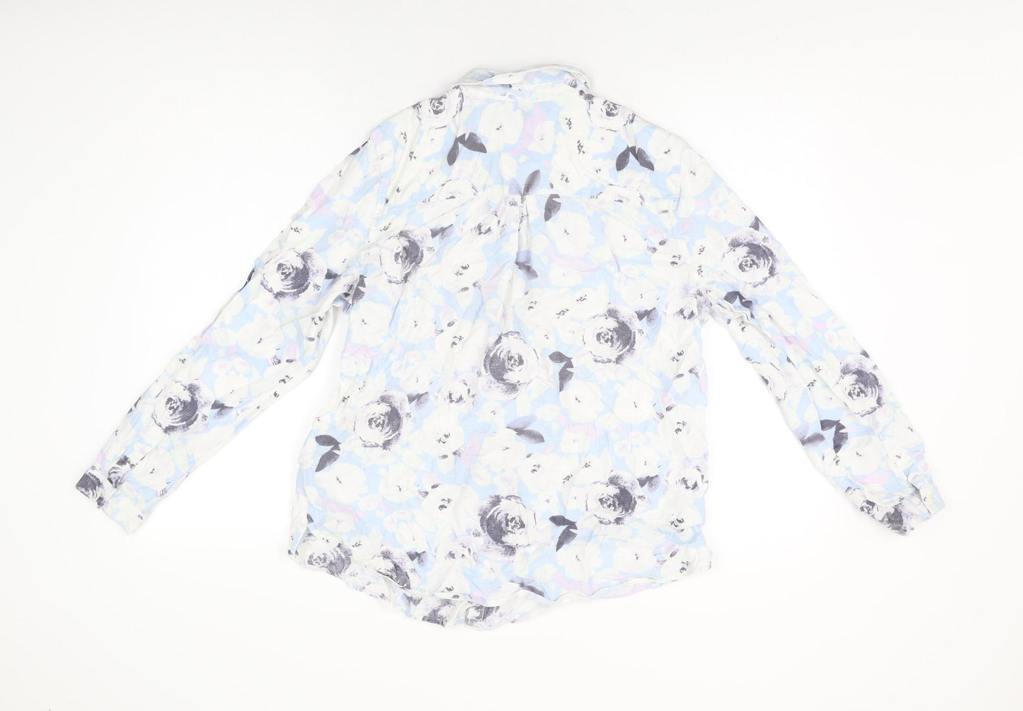 M&Co Womens Blue Floral Linen Basic Button-Up Size 14 Collared