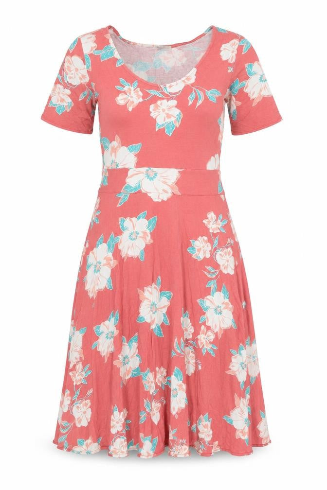 Front view of Damart women’s pink floral viscose a-line, size UK 12, round neck pullover