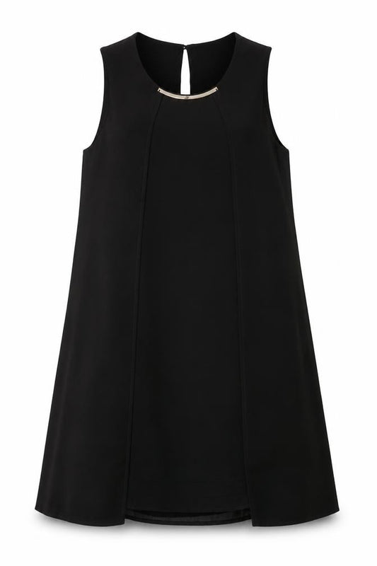 Front view of Sabrina Diamanti women’s black polyester shift, size S, round neck button