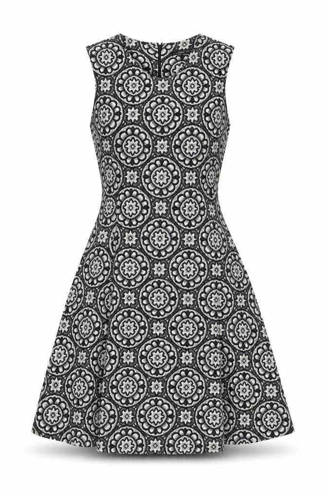 Zara Womens Grey Geometric Cotton Skater Dress Size XS Round Neck Zip