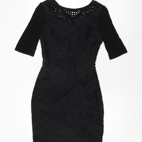 Karen Millen Womens Black Geometric Cotton Bodycon Size 10 Round Neck Zip