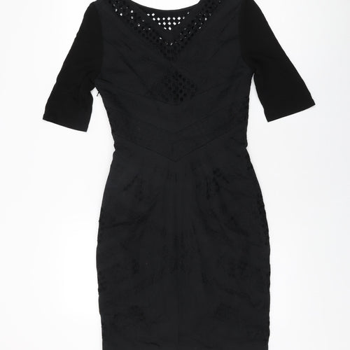 Karen Millen Womens Black Geometric Cotton Bodycon Size 10 Round Neck Zip