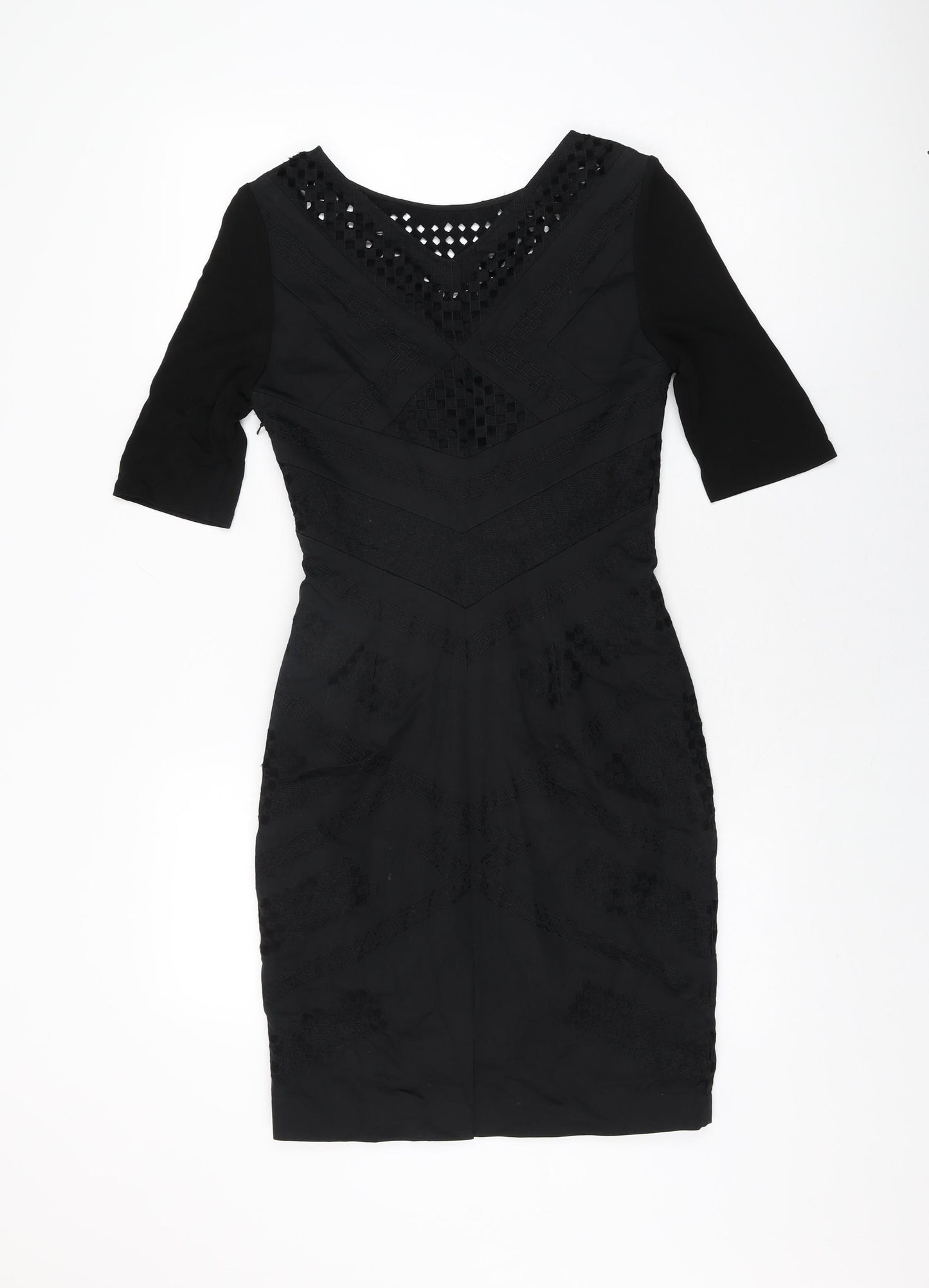 Karen Millen Womens Black Geometric Cotton Bodycon Size 10 Round Neck Zip