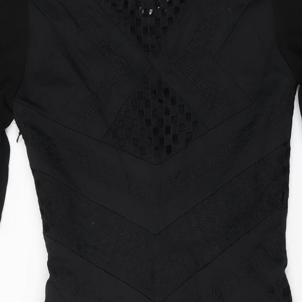 Karen Millen Womens Black Geometric Cotton Bodycon Size 10 Round Neck Zip