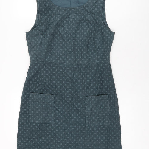 White Stuff Womens Blue Polka Dot Cotton Bodycon Size 10 Round Neck Zip
