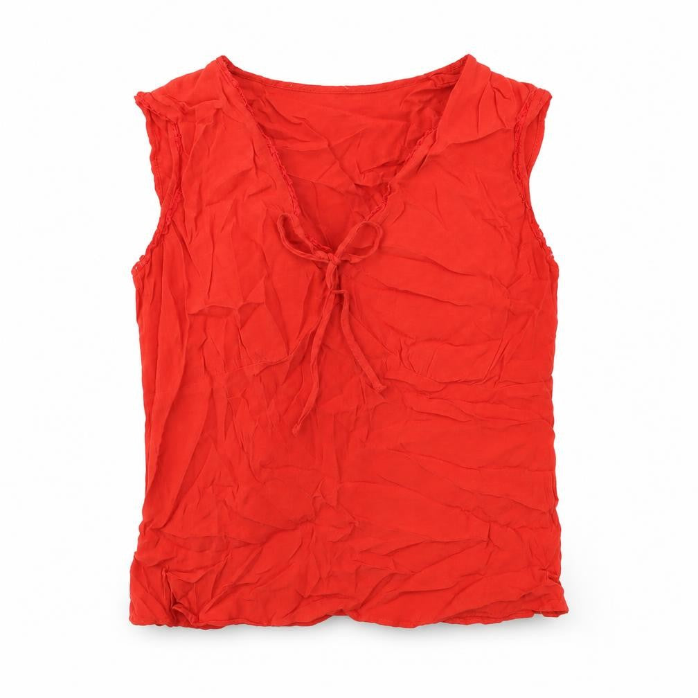 Front view of Marks & Spencer women’s red viscose basic t-shirt, size UK 14, v-neck