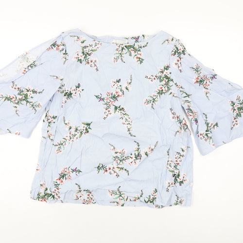 H&M Womens Blue Floral Cotton Basic T-Shirt Size 10 Round Neck