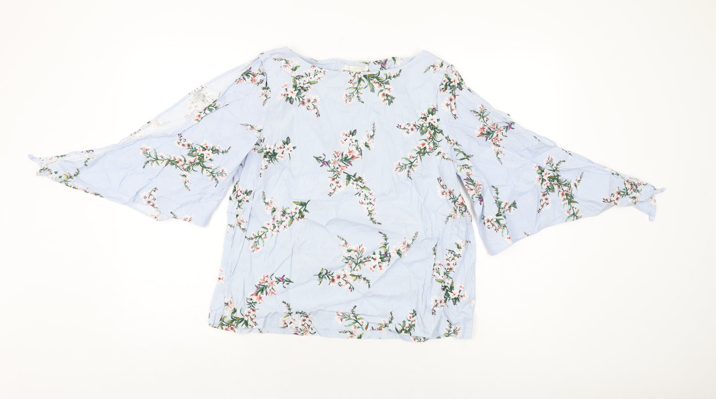 H&M Womens Blue Floral Cotton Basic T-Shirt Size 10 Round Neck