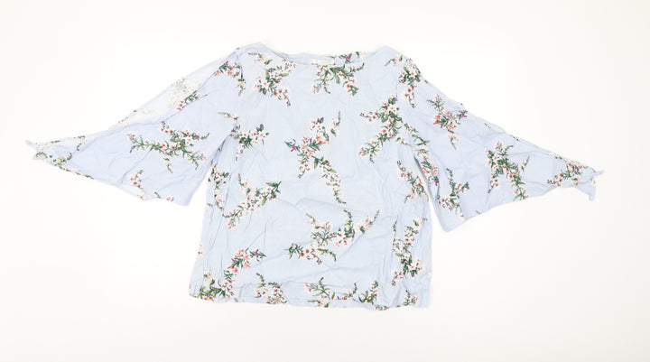 H&M Womens Blue Floral Cotton Basic T-Shirt Size 10 Round Neck
