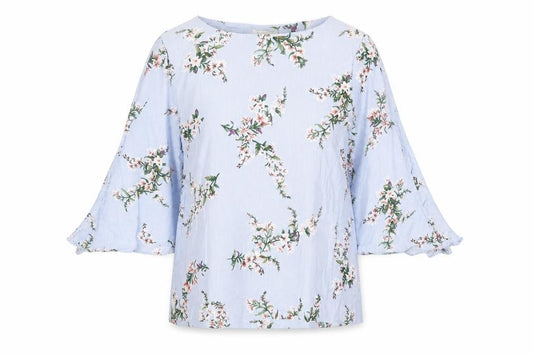 Front view of H&M women’s blue floral cotton basic t-shirt, size UK 10, round neck