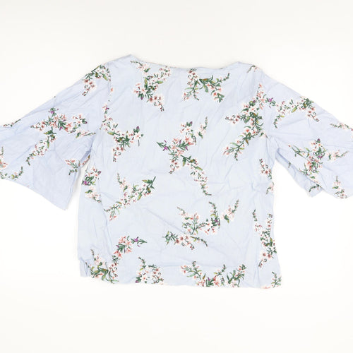 H&M Womens Blue Floral Cotton Basic T-Shirt Size 10 Round Neck