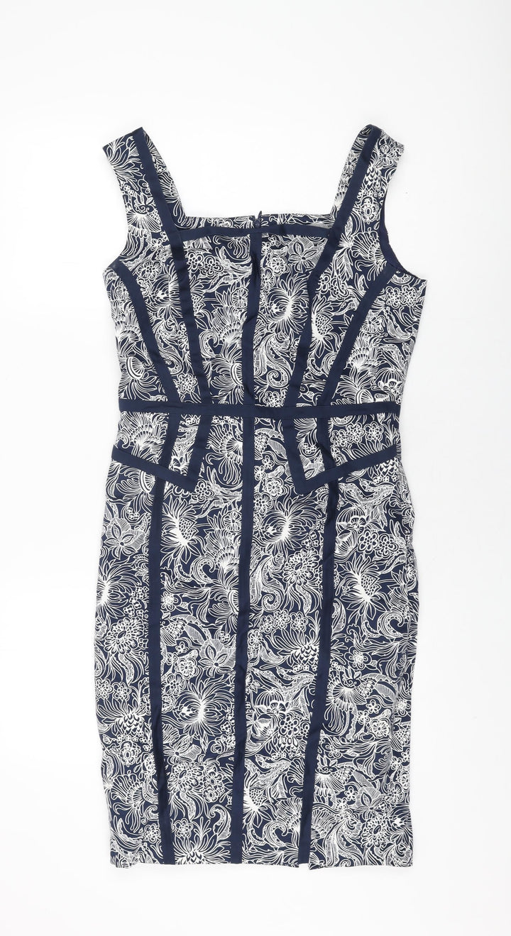 Marks and Spencer Womens Blue Floral Cotton Bodycon Size 12 Square Neck Zip