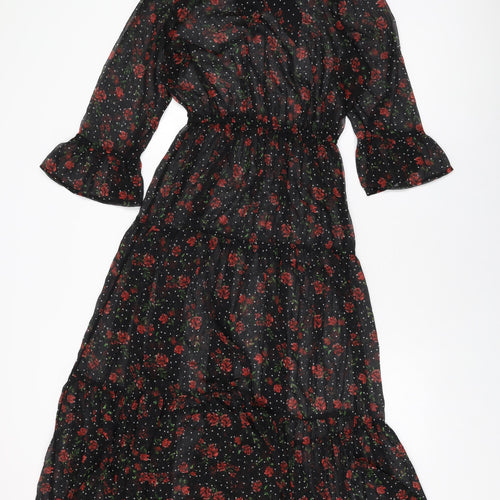 Marks and Spencer Womens Black Floral Polyester A-Line Size 8 Round Neck Tie