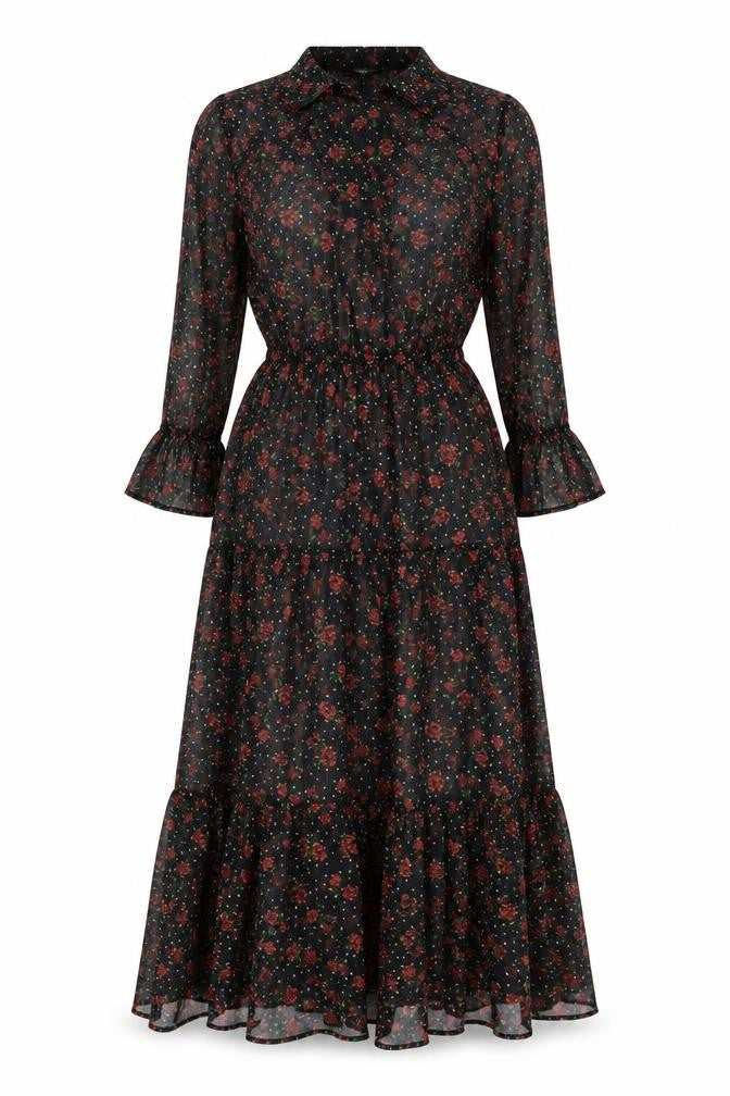 Marks and Spencer Womens Black Floral Polyester A-Line Size 8 Round Neck Tie