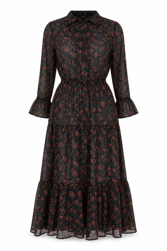 Front view of Marks & Spencer women’s black floral polyester a-line, size UK 8, round neck tie