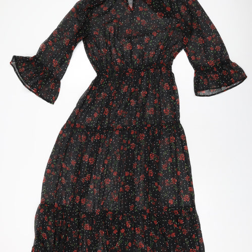 Marks and Spencer Womens Black Floral Polyester A-Line Size 8 Round Neck Tie
