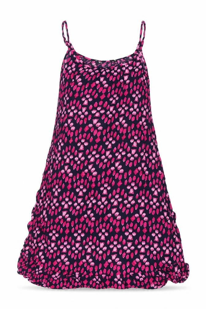 Front view of Bonmarché women’s blue geometric viscose shift, size UK 10, round neck pullover