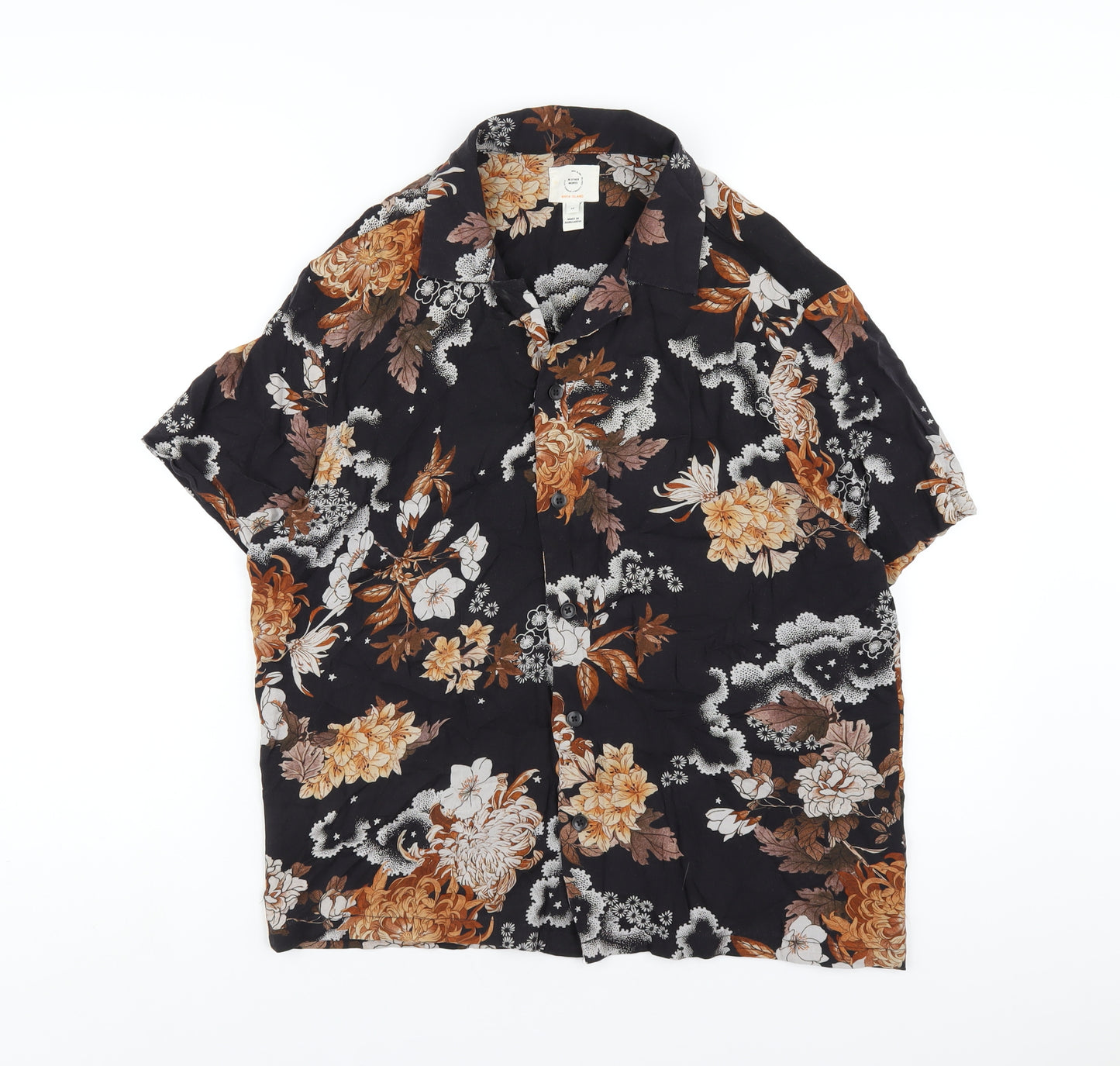 River Island Mens Black Geometric Viscose Button-Up Size M Collared Button