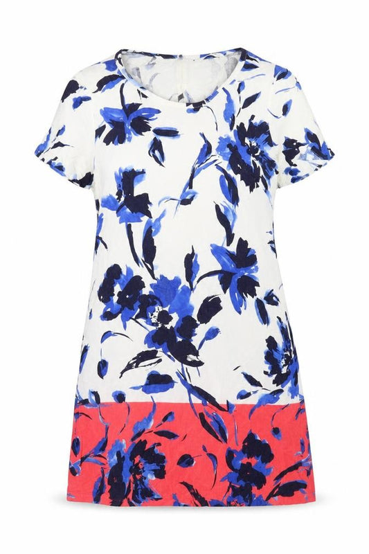 Front view of Simply Stock Shop women’s multicoloured floral linen a-line, size UK 14, round neck button