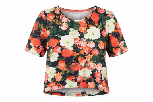 Front view of Next women’s multicoloured floral polyester basic t-shirt, size UK 12, round neck