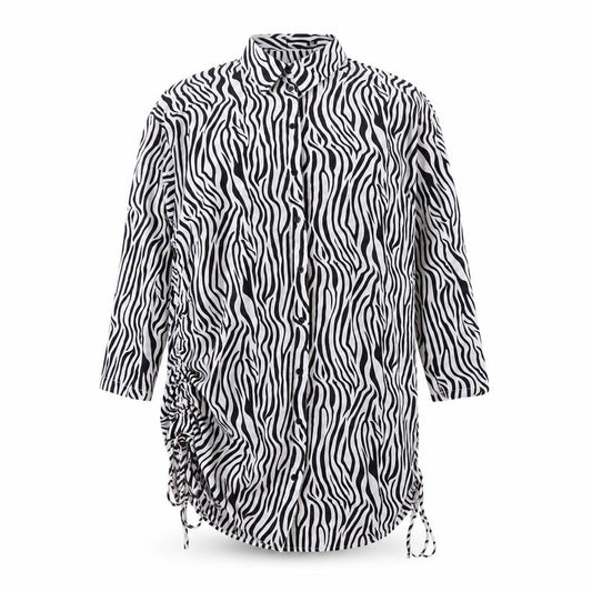 Front view of PRETTYLITTLETHING women’s white animal print polyester shirt dress, size UK 12, collared button - zebra print
