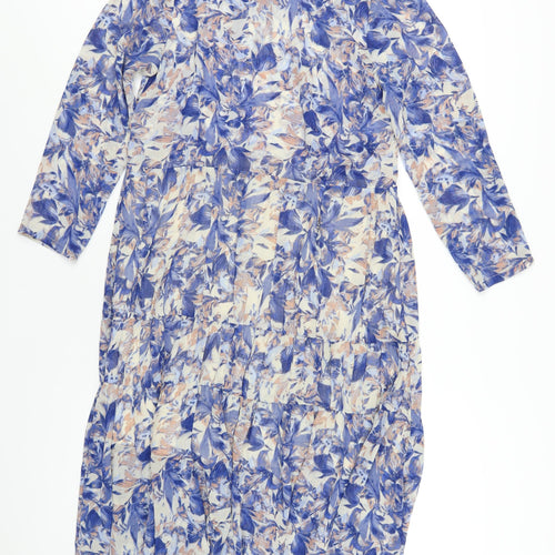 YAS Womens Blue Geometric Polyester A-Line Size M Round Neck Button