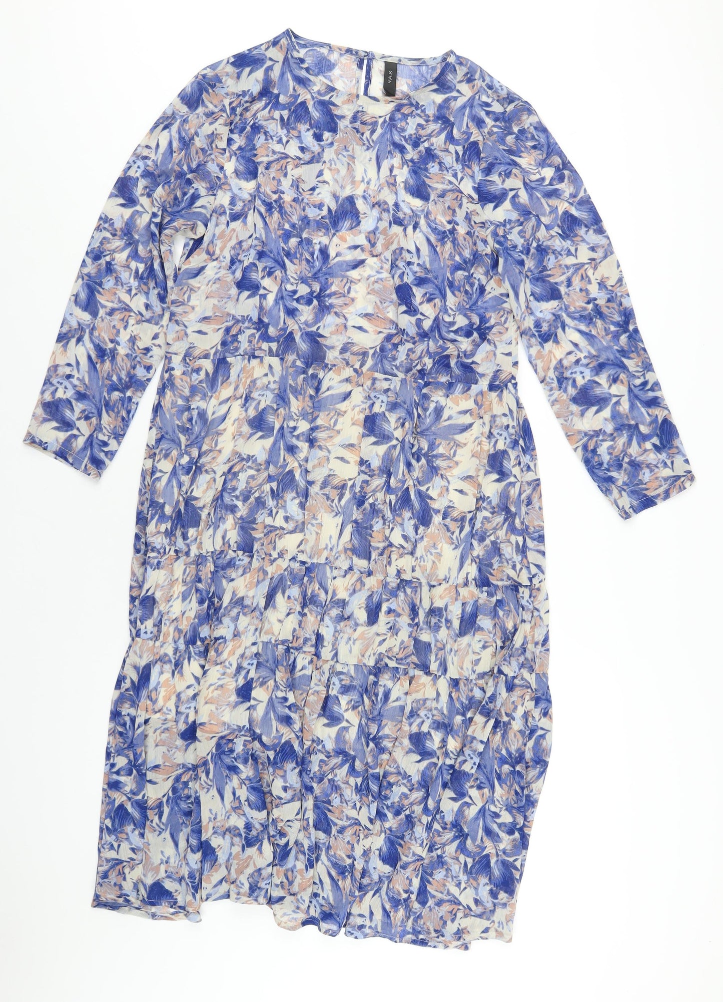 YAS Womens Blue Geometric Polyester A-Line Size M Round Neck Button