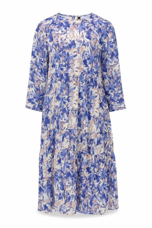 Front view of YAS women’s blue geometric polyester a-line, size M, round neck button