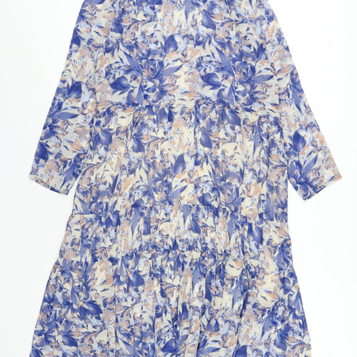YAS Womens Blue Geometric Polyester A-Line Size M Round Neck Button