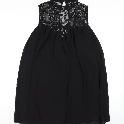 Boohoo Womens Black Polyester Trapeze & Swing Size 10 Round Neck Button - Sequin Mesh Neck