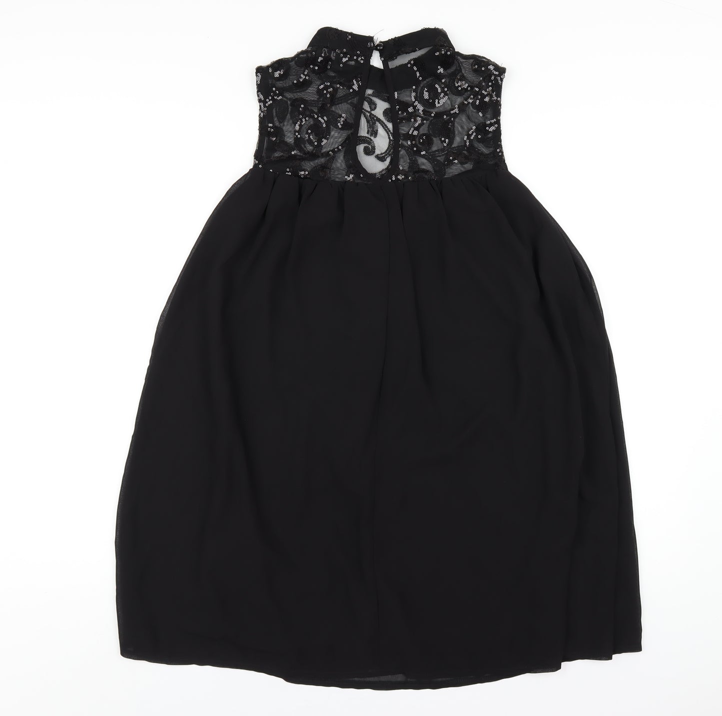 Boohoo Womens Black Polyester Trapeze & Swing Size 10 Round Neck Button - Sequin Mesh Neck