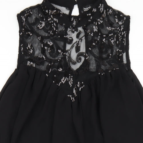 Boohoo Womens Black Polyester Trapeze & Swing Size 10 Round Neck Button - Sequin Mesh Neck